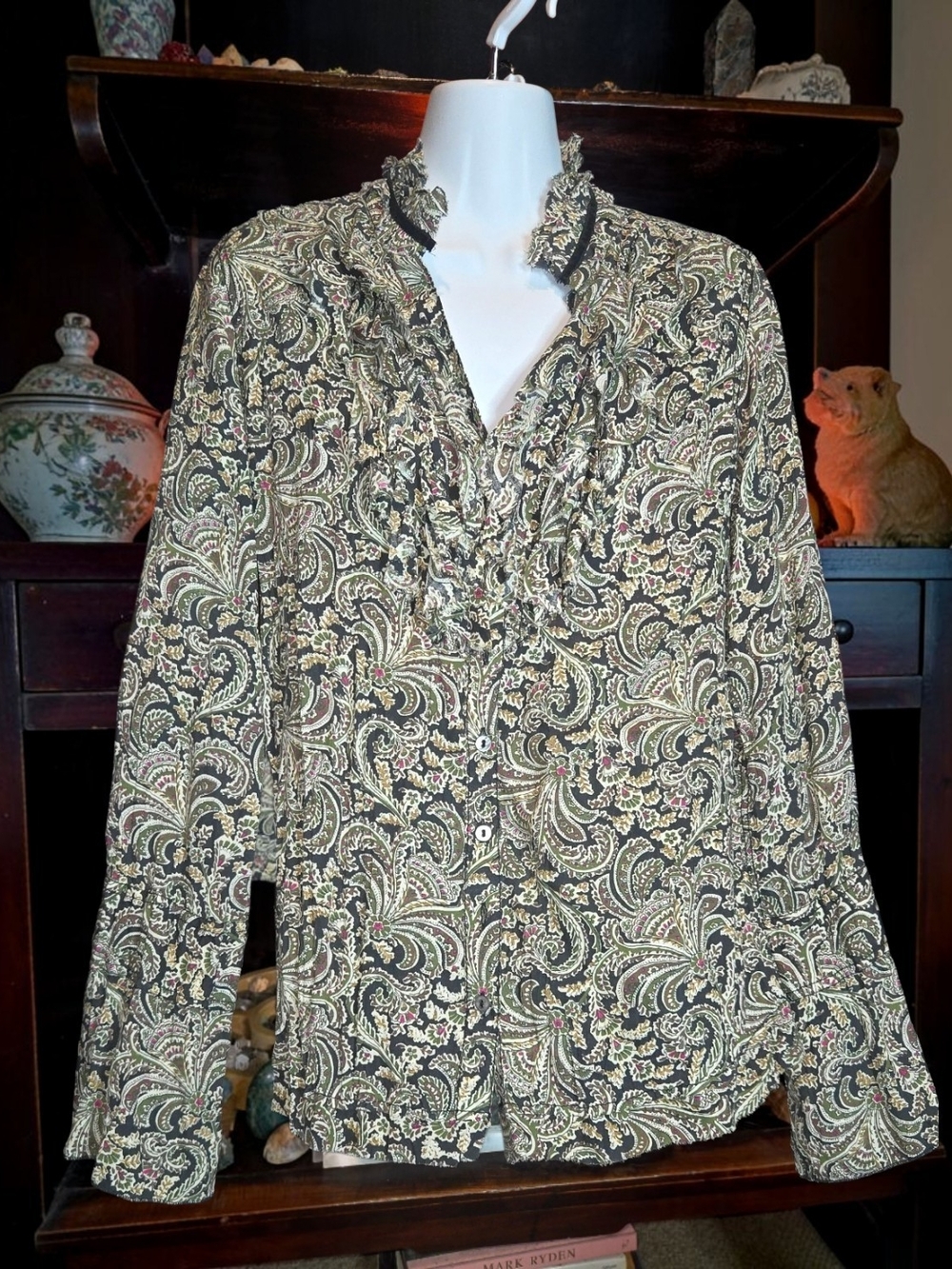 Cino Ruffled Paisley Button-Front Blouse - Olive Paisley